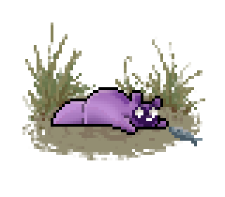 Pixel art of a pink slugpup lying on its stomach with its front paws stretched out. It has a dark, heart-shaped mask on its face and silver-white eyes.